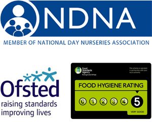 Member of National Day Nurseries Association, Ofsted, Food Hygiene rating of 5