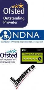 Ofsted Rating Outstanding, Member of National Day Nurseries Association, Ofsted, Food Hygiene rating of 5, Human Rights